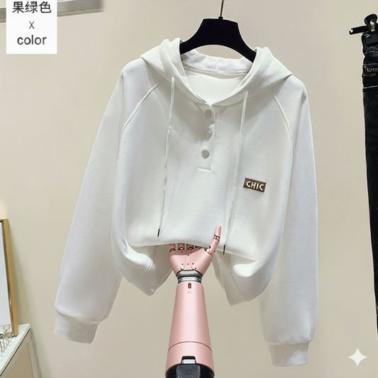 Modern Button-Collar Cropped Hoodie