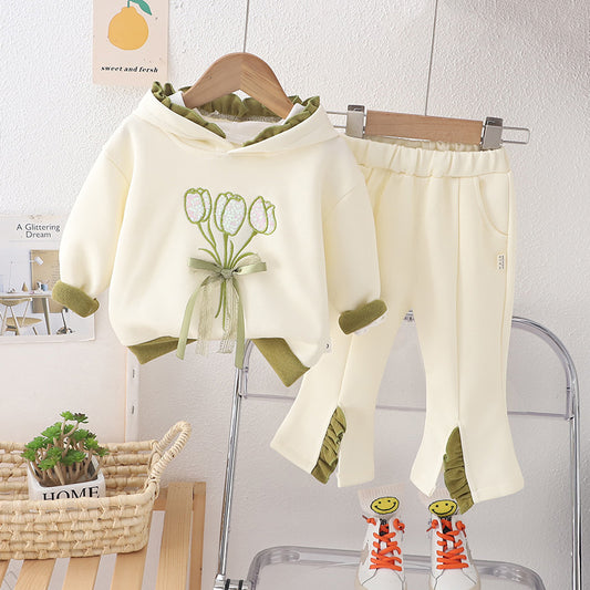 Girls' Spring Floral Hooded Sweater Set - 2-Piece Outfit