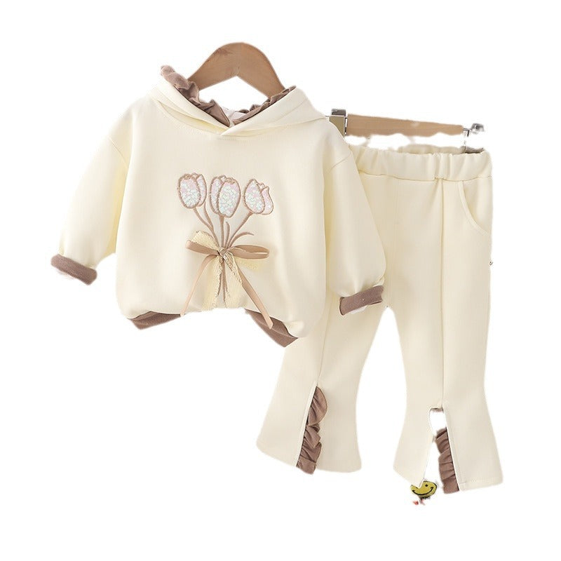 Girls' Spring Floral Hooded Sweater Set - 2-Piece Outfit