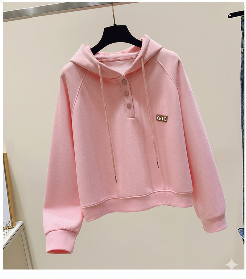 Modern Button-Collar Cropped Hoodie