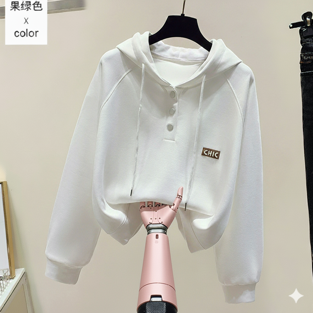 Modern Button-Collar Cropped Hoodie