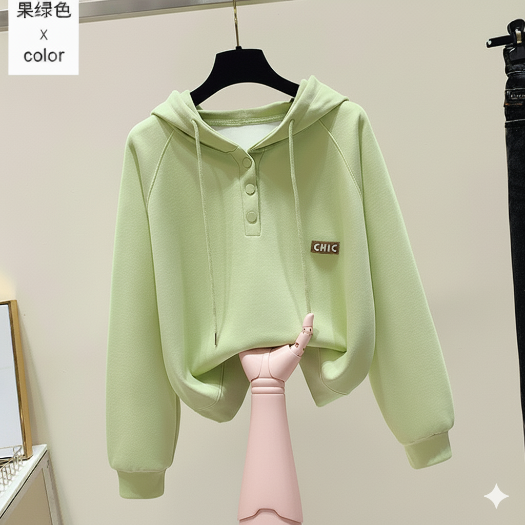 Modern Button-Collar Cropped Hoodie